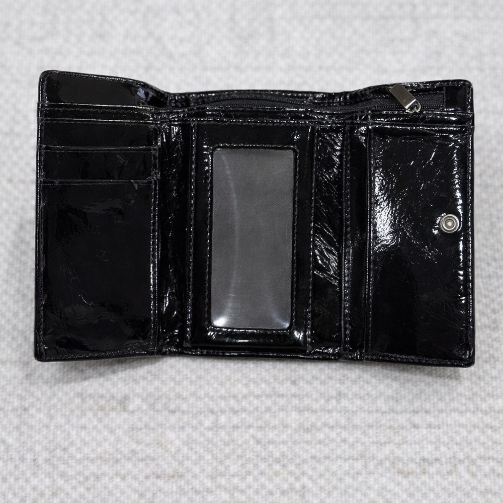 Coach Black Patent Leather Wallet Trifold Compact Snap Logo - Picture 2 of 8